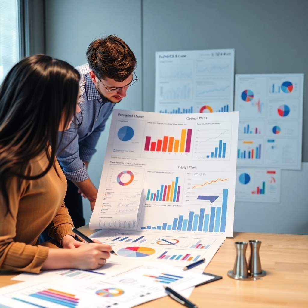 A photorealistic image showing a team collaborating on a detailed business plan, using various charts and graphs to present data.