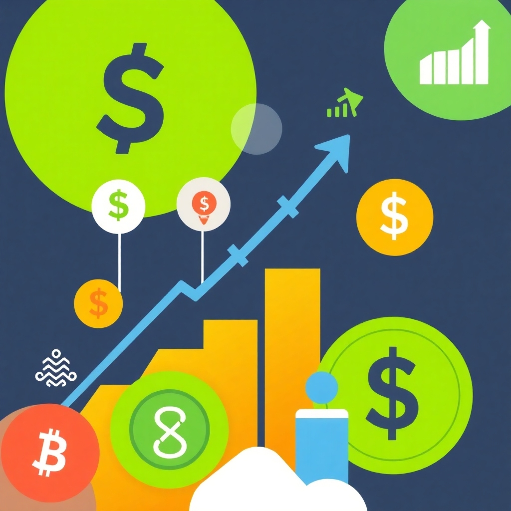 A stylized image with various financial icons and charts showing upward trends, symbolizing financial growth and success.