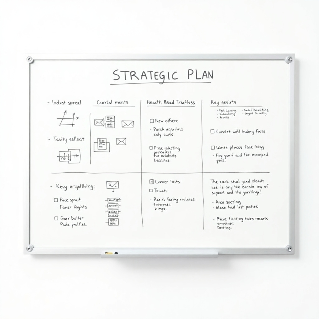  Create a photorealistic image of a whiteboard with a well-organized strategic plan clearly laid out with diagrams, charts, and key milestones. The style should be clean and professional, evoking a sense of order and preparedness.