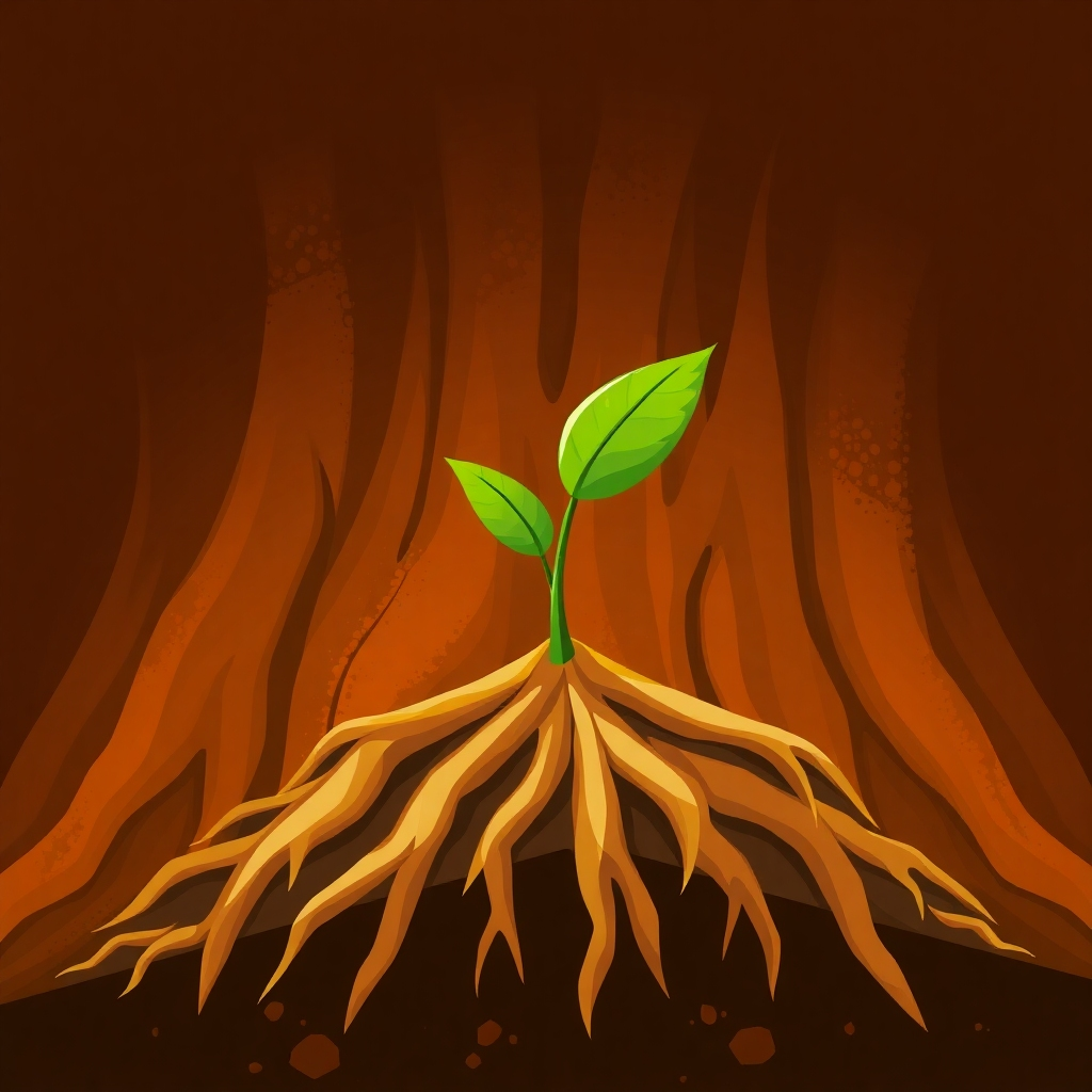 Create a stylized image that symbolizes growth and foundation.  Visualize a sapling growing from strong, well-defined roots that are firmly planted in the earth. The roots should be depicted in shades of brown and orange, representing stability and earthiness. The sapling should be vibrant green, showing upward growth and vitality. Use a warm, earthy color palette. The composition should focus on the strong connection between roots and the sapling, emphasizing the nurturing aspect of the image. The camera angle should be slightly low, looking up towards the sapling, creating a sense of hope and aspiration. Use a slightly painterly style, with soft brushstrokes that blend together seamlessly. High quality 4K resolution is required.