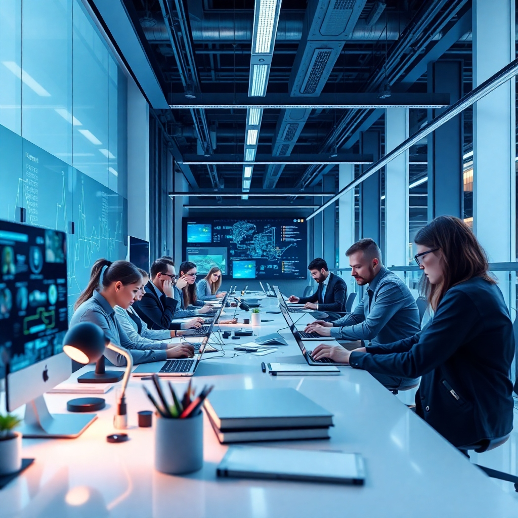 Photorealistic image of a modern tech startup office, with employees working on cutting-edge projects. Show innovation and forward-thinking.