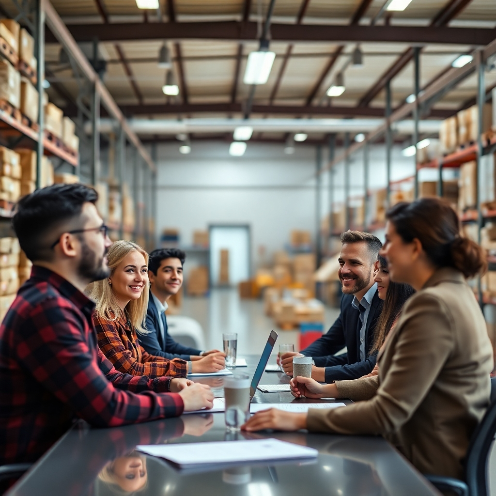 Photorealistic image of a smoothly operating business scene, maybe a team meeting with positive energy, or a well-organized warehouse showing seamless workflow.