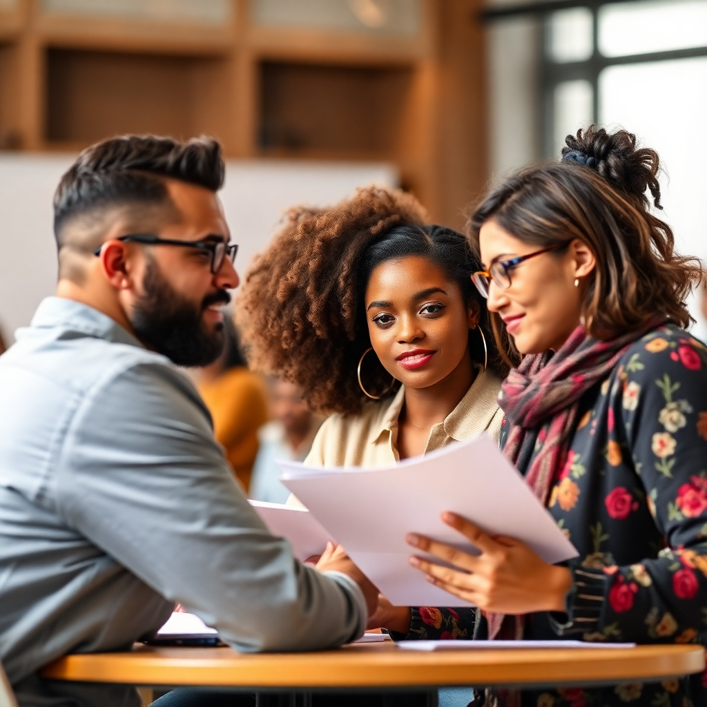 Photorealistic image of diverse people engaged in focus groups or surveys. Convey collaboration, diverse perspectives, and data-driven decision making.